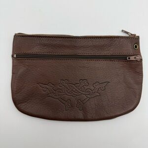 Small Leather Zip Closure Brown Coin Pouch Extra Pocket Embossed Decoration